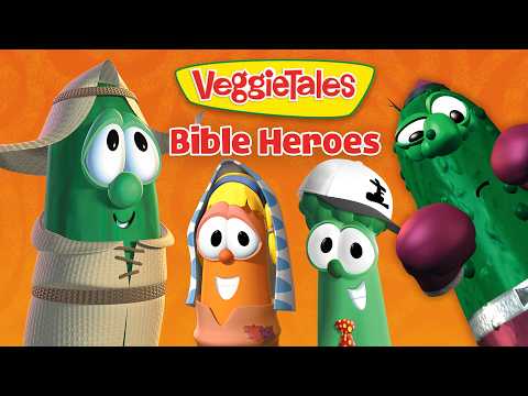 VeggieTales Bible Heroes cover featuring four animated vegetable characters against an orange background.