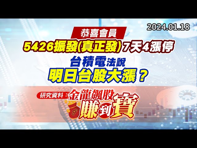 20240118《股市最錢線》#高閔漳 “恭喜會員，5426振發(真正發) 7天4漲停；台積電法說，明日台股大漲？?””研究資料：金龍飆股賺到寶！”