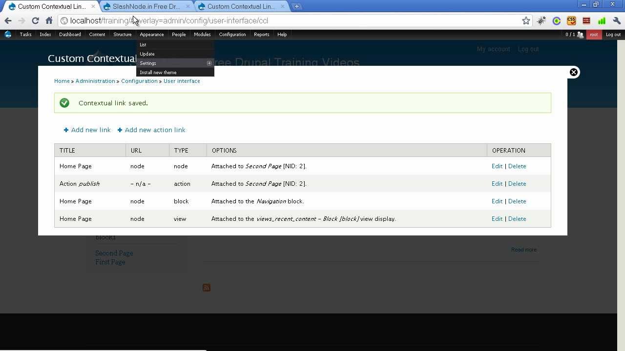 Custom Contextual Links - Drupal video tutorial from SlashNode.in