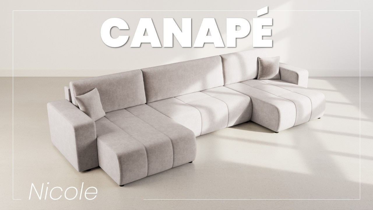 Thumbnail video of the produit Nicole - Canapé panoramique en U 7 places convertible avec coffre en tissu