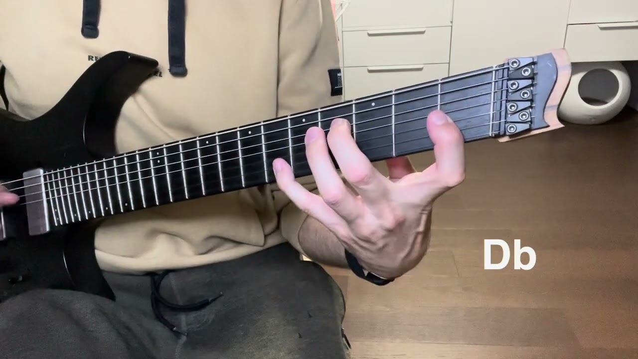 Guitar neck showing an open-voiced spread major triad across the B, G and A strings