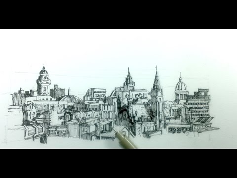 How to draw a panoramic city skyline or cityscape with buildings
