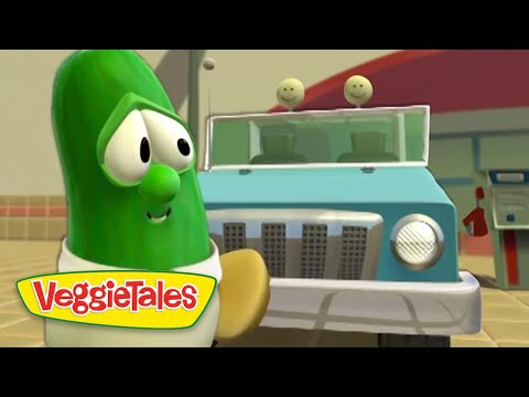 Larry the cucumber, a VeggieTales character, stands beside a light blue jeep in a sunny outdoor scene with the VeggieTales logo in the corner.