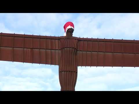 The Angel of the North seen wearing a festive hat for Christmas