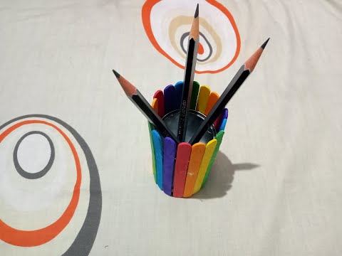 Pencil Holder - recycled from used tin can and ice-cream sticks