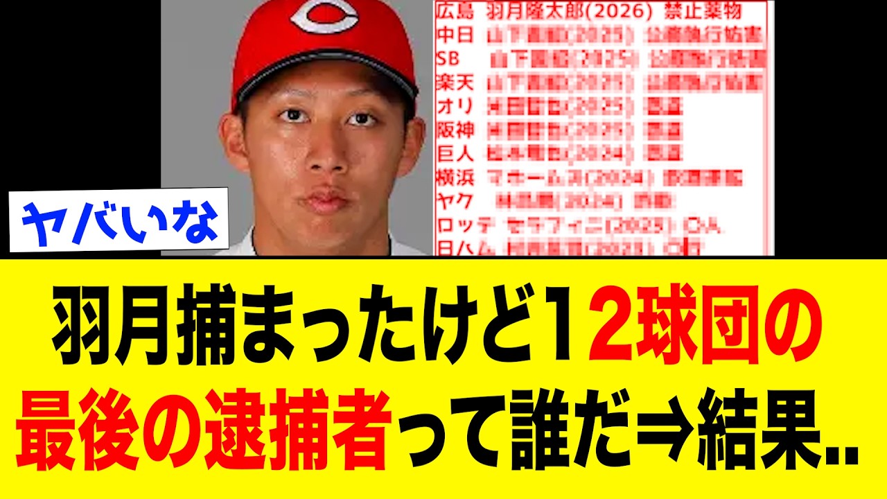 羽月選手が捕まってしまったがここで最新の12球団最後の逮捕者を見てみよう...　【なんJ反応集】
