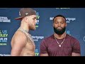 JAKE PAUL LOOKS DOWN ON TYRON WOODLEY AS BOTH COME FACE TO FACE AT FINAL PRESS CONFERENCE