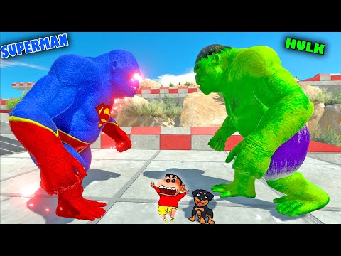 SUPERMAN vs HULK GORO THE GIANT😱|SHINCHAN and CHOP fight DINOSAURS😂Funny game in Hindi animal revolt