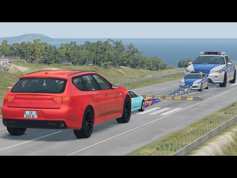 Big & Small Cars vs Giant Police vs Speed Bump BeamNG.Drive