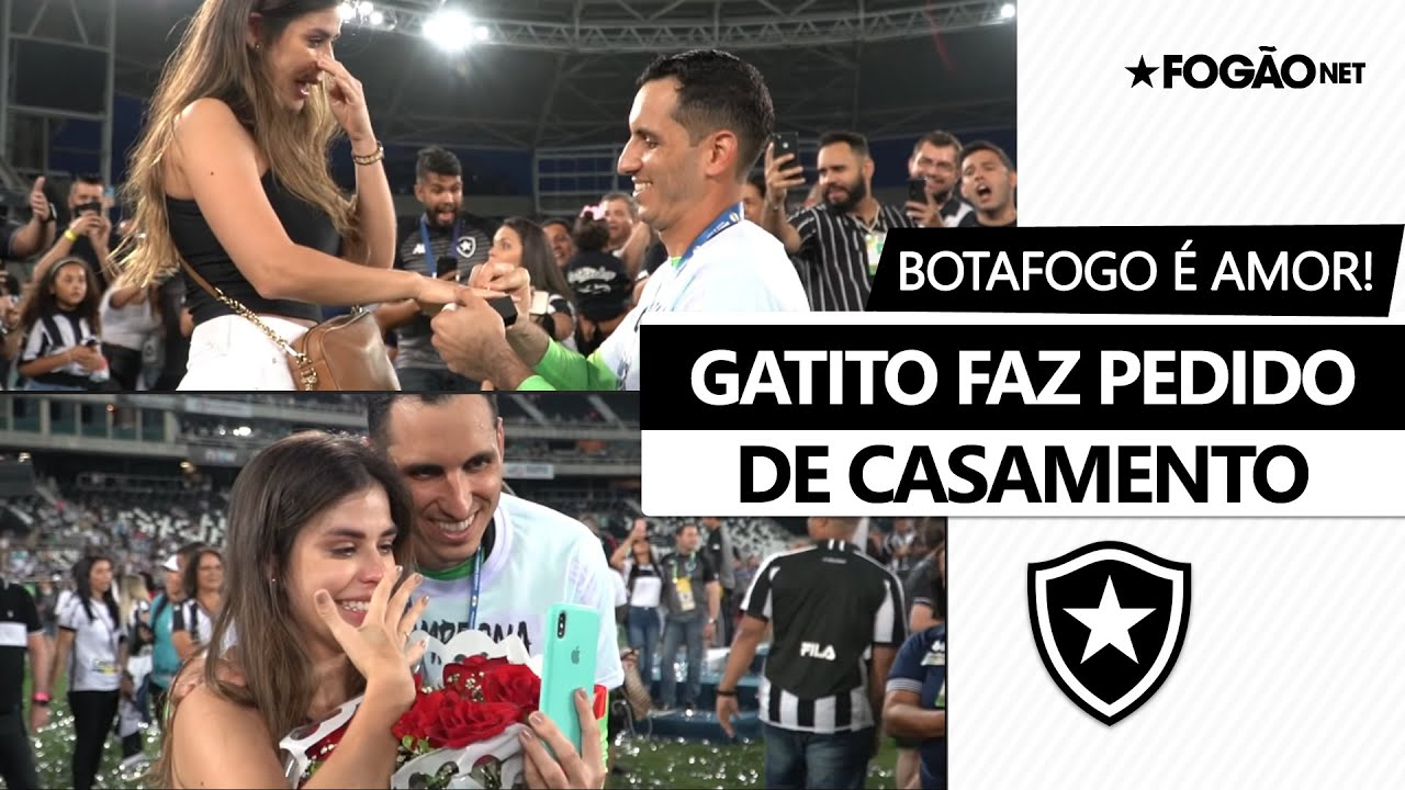 Clipe no telão, buquê de flores e aliança no dedo: Gatito pede namorada em casamento durante festa do título do Botafogo no Nilton Santos 💐😻💍