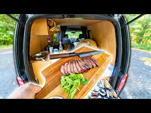 Camping and Cooking tasty food in the back of my van - Road tripping in my little camper