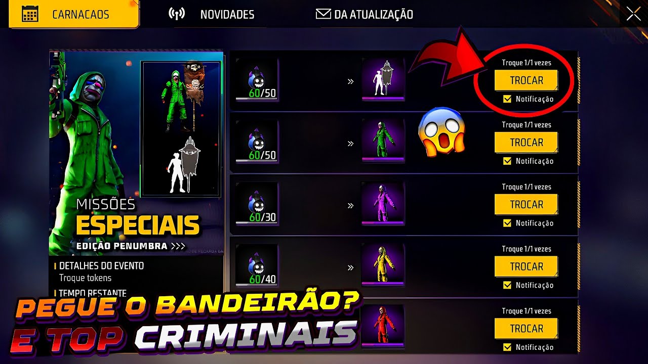 EITA!! PEGUE O EMOTE BANDEIRÃO, TODOS TOP CRIMINAIS, DUNK MASTER GRÁTIS, EVENTO DO MATUÊ - FREE FIRE