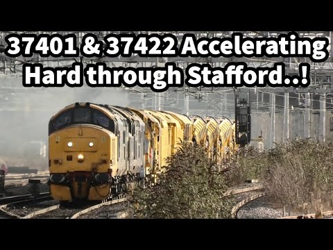 37401 & 37422 Accelerating HARD through Stafford with 6X12 West Ealing Plasser to Tyne SS 09/01/23
