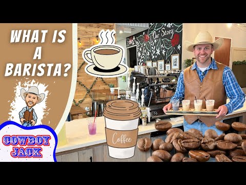 Barista in a cowboy hat and vest carries a tray of iced drinks inside a coffee shop; foreground shows many donuts and playful overlays reading 'What is a Barista?' and 'Cowboy Jack'