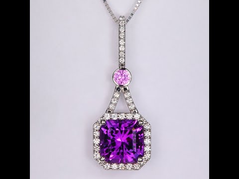 14k White Gold Square Cushion Amethyst with Diamond and Pink Sapphire Pendant 4.80cts