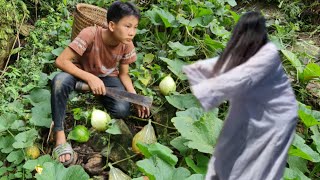 The boy harvested pumpkins from the garden to sell and buy instant noodles to cook for the boyto eat