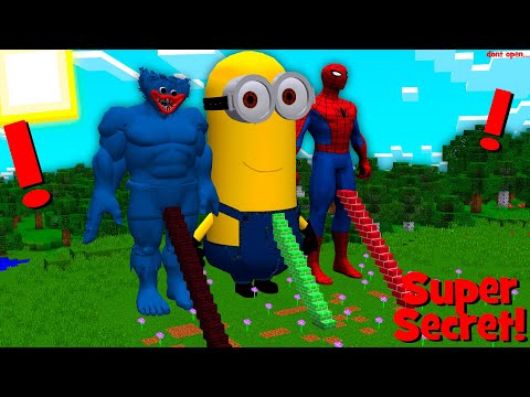 What's INSIDE the SECRET STAIRS in Minecraft  Big Huggy Wuggy And Minions And Spider Man No Way Hom