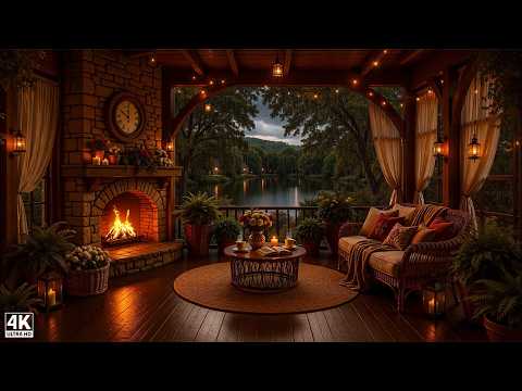 Cozy Lakeview Porch Jazz at Night Rain 🌧️🔥 Warm Fireplace Ambience for Study, Work and Creative Flow