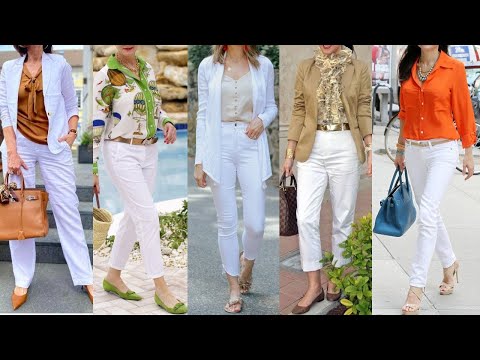 COMBINACIONES DE ROPA MODERNAS Y ELEGANANTES PARA SEÑORAS QUE PASAN LOS 50 CON PANTALO BLANCO