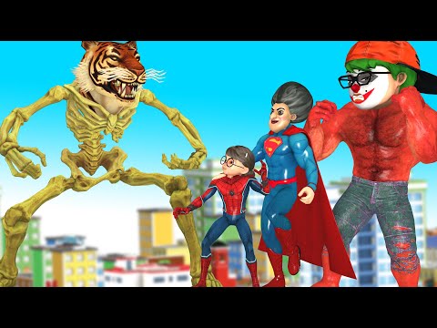 Red NickHulk vs Giant Zombie Skeleton Tiger rescue Team Super Hero - Scary Teacher 3D Hero Animation