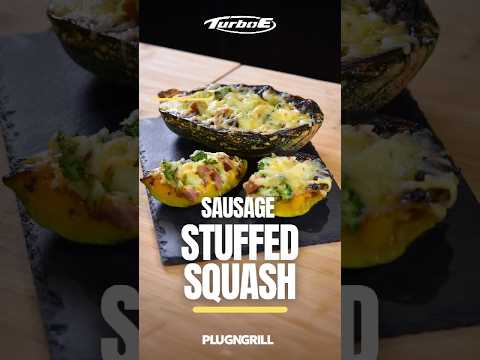 Impress with this easy Sausage-Stuffed Squash recipe using the #TurboEGrill! #PlugNGrill #Halloween