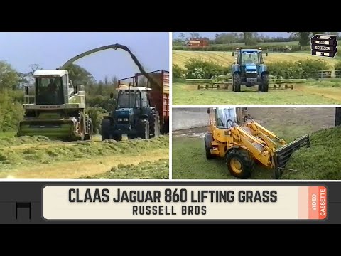 CLAAS Jaguar 860 lifting grass with 40 and 60 series Fords. JCB 414S on the buckrake (Russell Bros)