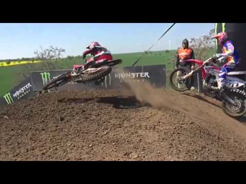 Pro motocross racer Tim Gajser scrubbing a jump like a god