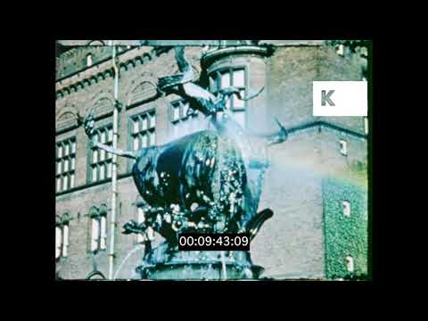 1950s, 1960s Denmark, Fountains, Amalienborg Palace, Copenhagen, 16mm