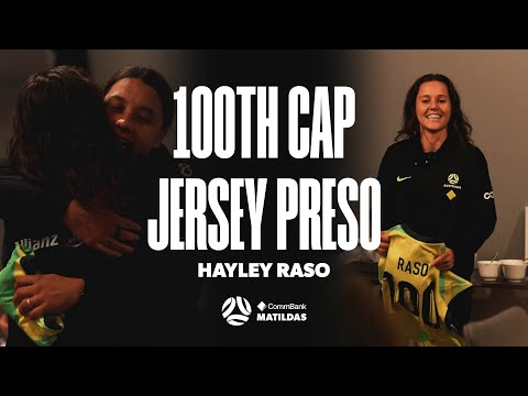 Hayley Raso is presented with a jersey to commemorate her 💯th cap! 🎀