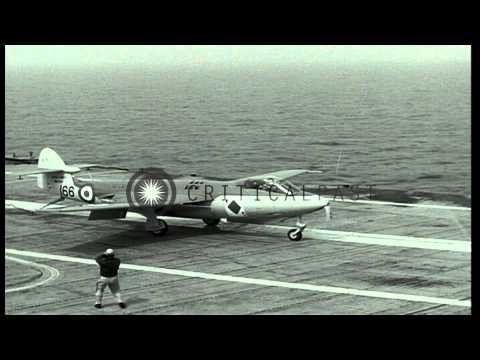 Royal Navy aircraft land on board United States aircraft carrier Antietam in Atla...HD Stock Footage