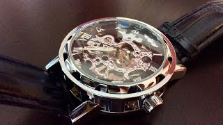 $17 GuTe classic steampunk mechanical automatic black silver skeleton watch review