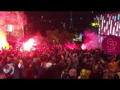 Australian fans go wild at Fed Square as Leckie scores winner against Denmark