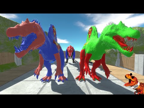 SPINOSAURUS vs SPIDERMAN T REX vs SUPERMAN T REX DEATH RUN   Animal Revolt Battle Simulator