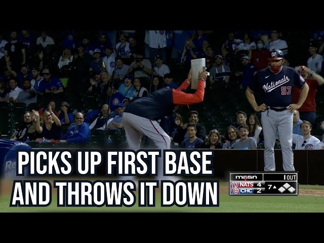 Manager throws first base in protest, a breakdown