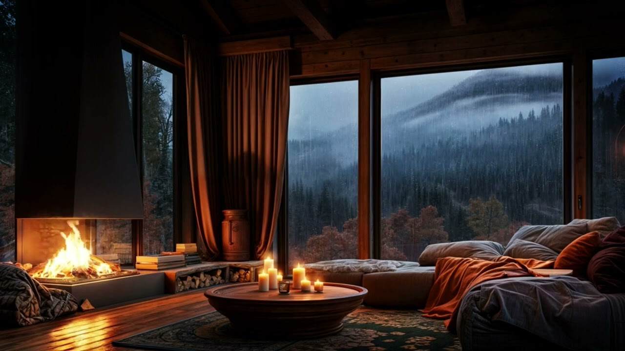8 Hours Cozy Mountain Chalet Ambience | Rain Sounds & Crackling Fireplace for Sleep & Relaxation