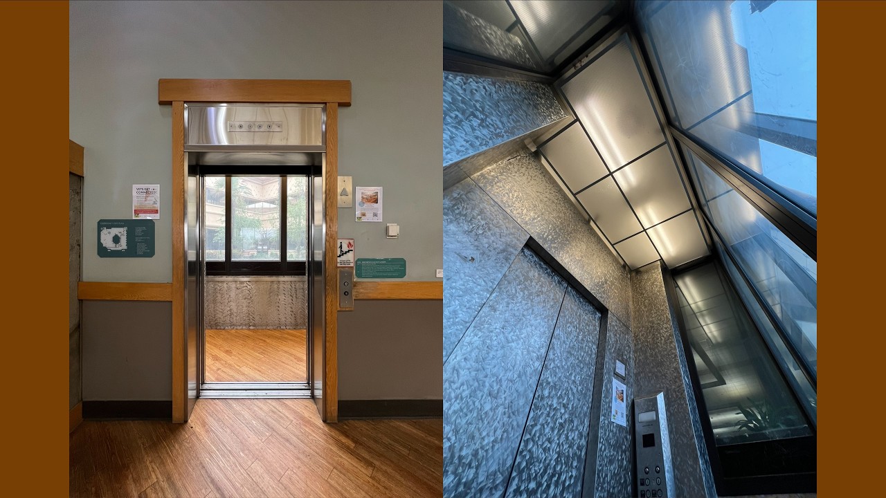 Weird Tri-County Glass Elevator at Beale Memorial Library in Bakersfield, California