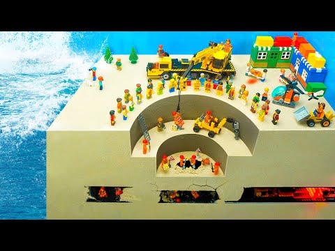 LEGO Mine Flood Disaster - Tsunami Dam Breach Experiment - Cause a Mine Landslide next to Lego City