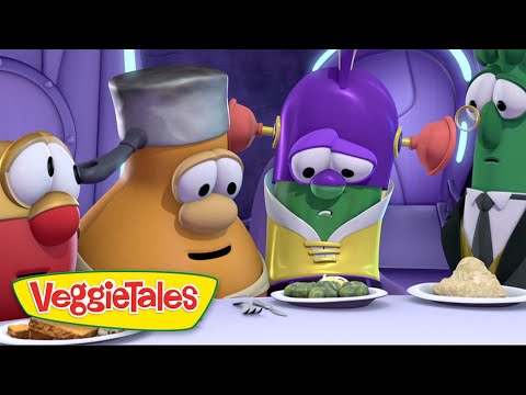 Three VeggieTales characters sit at a table with plates of food, looking worried; the VeggieTales logo appears in front.