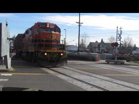 PNWR's 2314 lead's the Hillsboro Switcher across SW Main St. in Tigard, Oregon (02-17-2017)