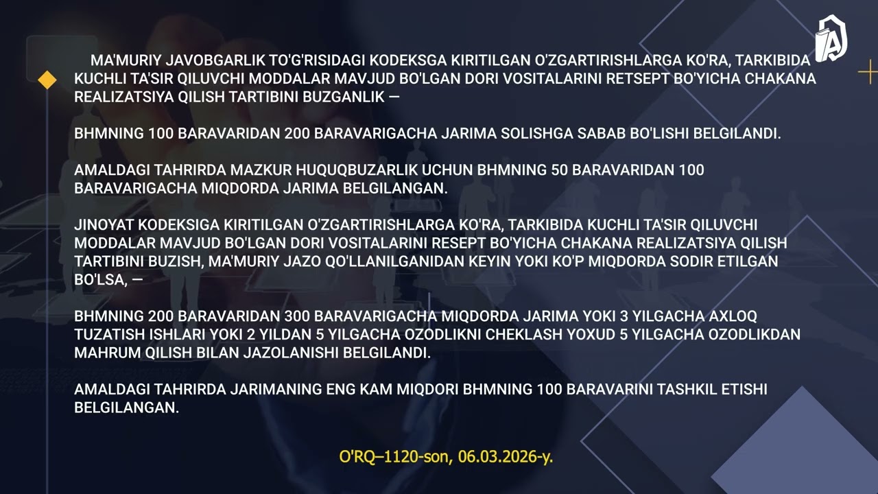 Retseptsiz dori vositalarini sotganganlik uchun javobgarlik