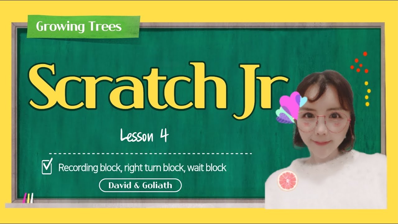 Scratch Jr- lesson 4 # recording block# wait block# right turn block# David and Goliath
