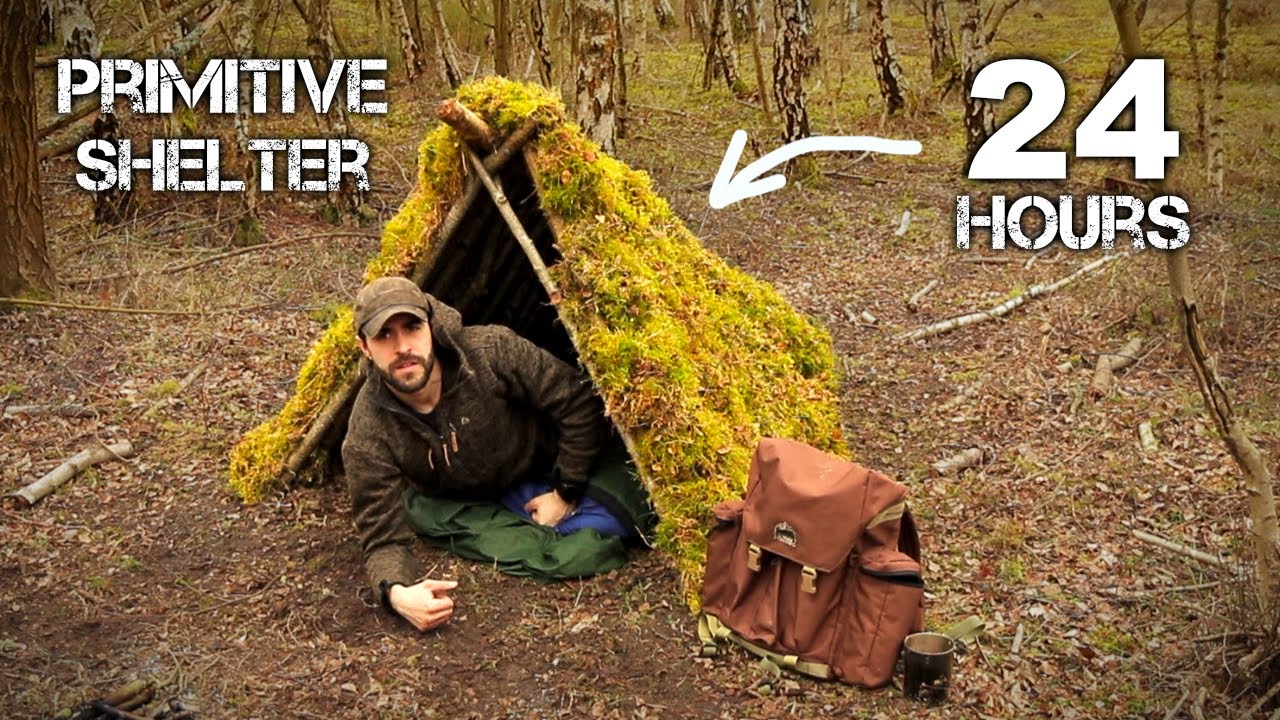 24 HOURS: Sleeping in Primitive Survival Shelter with Moss Roof Surviving on Military MRE Rations