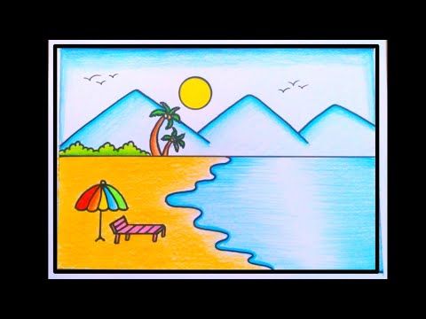 Summer Season Drawing Easy | How to Draw Sea Beach Scenery Easy step by step | Beach Scenery Drawing