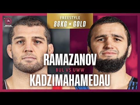 Magomed RAMAZANOV (BUL) scores 8 points in 30 seconds against Mahamedkhabib KADZIMAHAMEDAU (UWW)