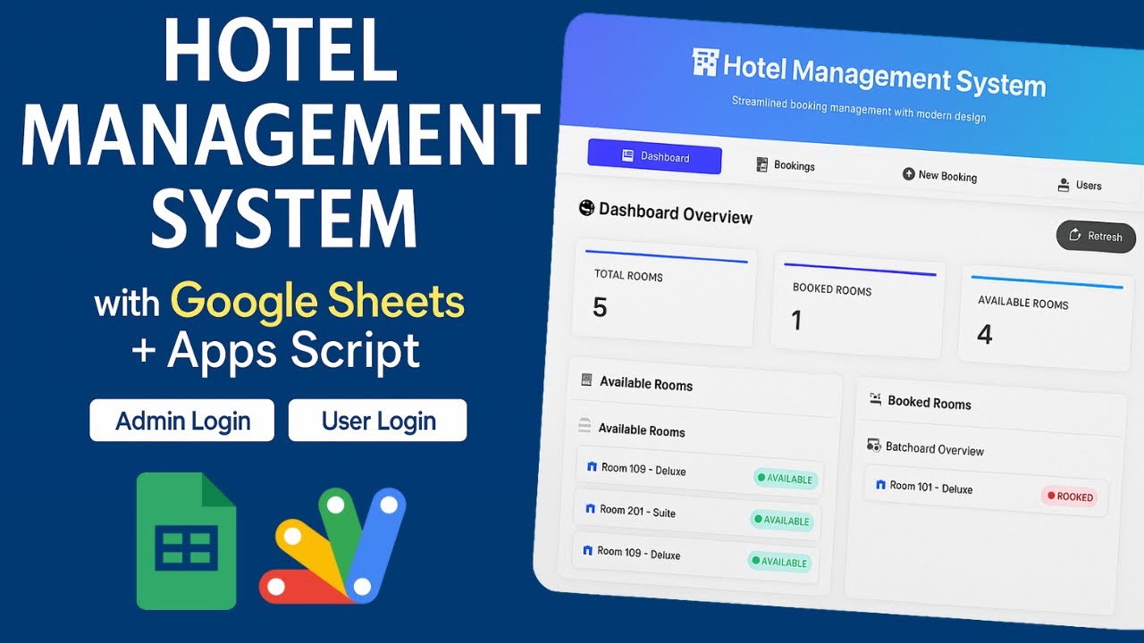 Hotel Management Web App Dashboard with Google Sheets | Admin & User Login | D14