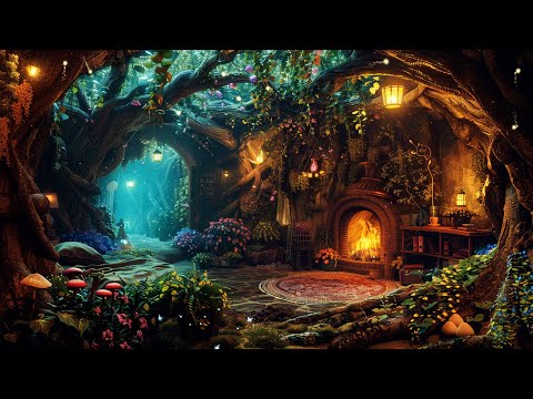 Magical Fairy Wood Cottage in Deep Forest | Fatasy Music Ambience w/ Crackling Fireplace