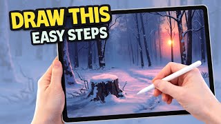 Procreate Easy Steps Drawing Tutorial - Snow Tree Sunrise Landscape