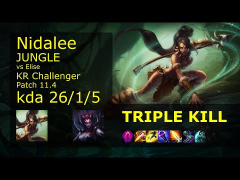 Nidalee Jungle vs Elise - KR Challenger 26/1/5 Patch 11.4 Gameplay // [롤] 니달리 vs 엘리스 정글
