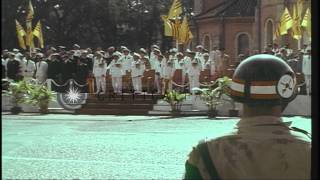 Vietnamese and American troops march past the review stands at the National Day p...HD Stock Footage