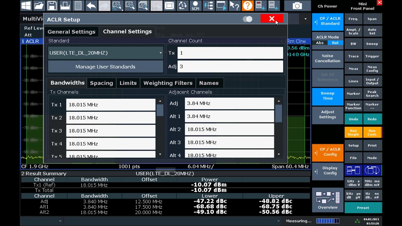 Occupied Bandwidth, Channel Power, and Crest Factor measurements on a 20 MHz wide LTE signal